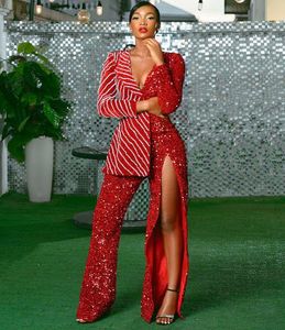 Combinaison rouge à paillettes, robes de bal Aso Ebi, manches longues, col en V, robes de soirée africaines perlées, grande taille, 220822