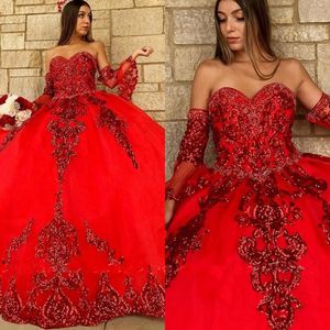 Rood lovertjes kant quinceanera jurken baljurk kristallen kralen pailletten lieverd met mouwen ruches corset achterste feestjurk prom avondjurken vegen trein 403