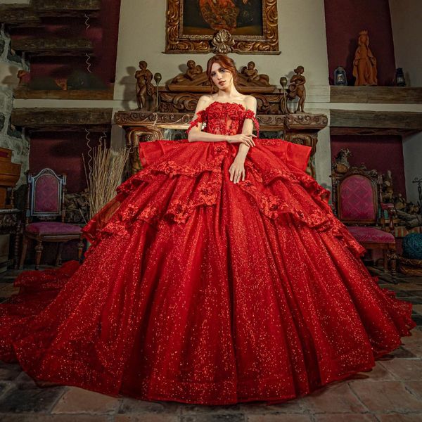 Robes de Quinceanera en dentelle pailletée rouge foncé, épaules dénudées, volants bouffants, Train cathédrale, perles, robe de bal, 15