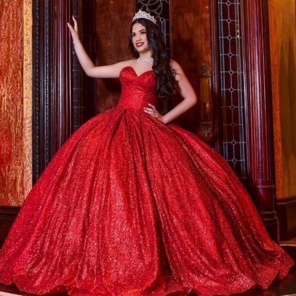 Robes de Quinceanera en satin rouge pailleté bal simple 2021 robes de bal sans bretelles robe formelle robes de soirée douce 16 15 filles robe pas cher