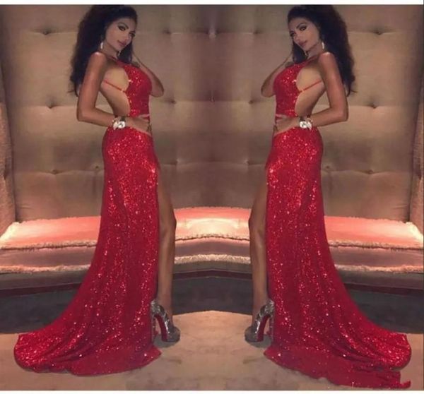 Robes de bal scintillantes à paillettes rouges sexy basse arrière avant haute fente longue sirène 2020 robe de soirée de soirée personnaliser plus taille8431088