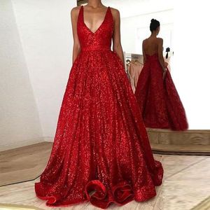 Rode pailletten baljurk prom jurken diep v nek spaghetti riemen sequin vloer lengte backless formele jurken sexy avondjurken prom dresses