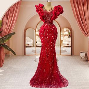 Robe de soirée formelle à paillettes rouges, col transparent, grande taille, perles en cristal, robes de fête d'anniversaire, arabe dubaï, 2024