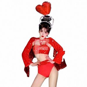 Paillettes rouges frangées Top Shorts Sexy Party Pole Dance Outfit Femmes Performance Gogo Dance Costume Ds Dj Rave Vêtements XS7504 88qW #