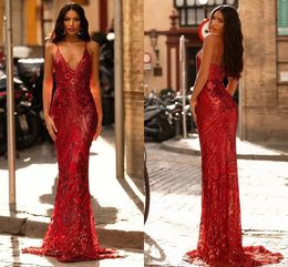 Red Sexy Dark Evening Formal Formal 2024 Correas de cuello en V Sequinas sin espalda Mermaid Long Prom Party Gowns Robe de Soiree Yd