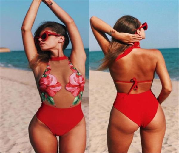 Bikini transparente con flores sexys rojas, nuevo traje de baño de malla, costura en perspectiva, traje de baño de una pieza para mujeres, bikini para niñas, verano bea6967856