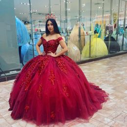 Rode sexy off-shoulder baljurk prinses 15-jarige quinceanera jurk Appliques Lace Beading Glitter TuLle verjaardagsfeestjes jurken 0417