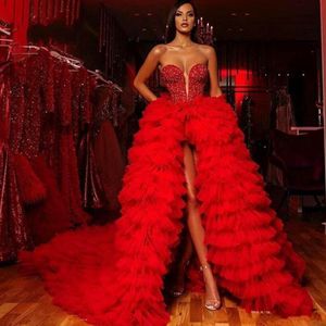 Prom rouge sexy robes avec bretelles Paillettes hiérarchisé Tutu Jupes avant divisée robe de soirée longue personnalisée Celebrity Party Robes