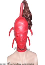 Rood Sexy Systeem Latex Kap Met Paardenstaart Buis Zonder Pruiken Blinddoek Mond Cover Zip Vetersluiting Terug Rubber Masker 00092021326