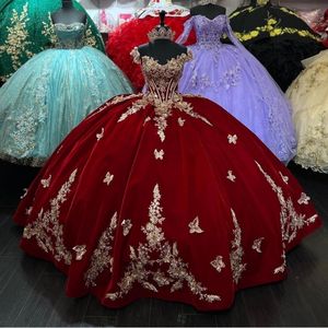 Red Sexy V-neck Princess Quinceanera Dresses Ball Gown Off The Shoulder Gold Appliques Bow Corset Sweet 15 Vestidos De XV Anos