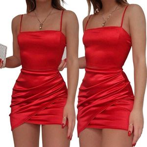 Rouge sexy femmes Mini drRuched Strap Bodycon Party DrBacklSleevelFemale Dr2021 Summer Sundrclubwear X0529