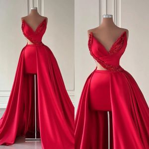 Rode schede avondjurken elegant met overrokken v-hals galajurk kralen satijnen jurken voor speciale gelegenheden sweep train robe de soiree