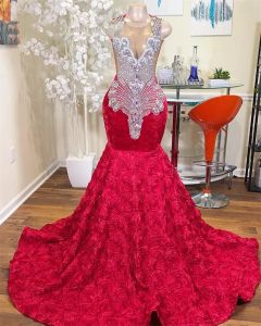 Red Sheer o nek lange zeemeermin prom jurk voor zwarte meisjes 2023 kristal diamant verjaardagsfeestje jurken ruches avondjurken