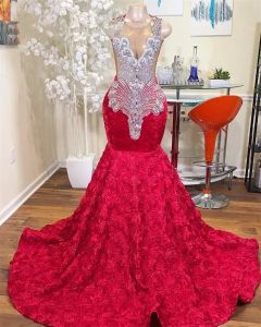 Rouge pure O cou longue sirène robe de bal pour les filles noires perlées cristal diamant fête d'anniversaire volants robes de soirée robes