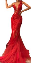 Red Sheer See Through Backless Mermaid Prom Dresses Plus Size Lace Tulle One Shoulder Avondjurken Sexy robe de soiree abendkleider