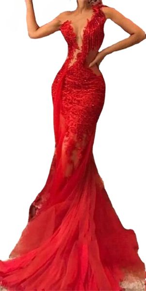 Rouge transparent voir à travers dos nu sirène robes de bal, plus la taille dentelle tulle une épaule robes de soirée sexy robe de soirée abendkleider