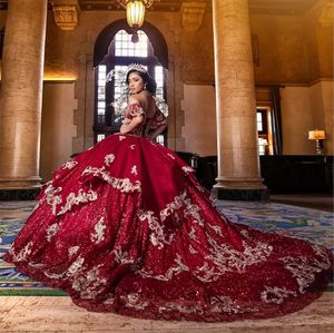 Red Shinny kralen kant -appliquestulle cape15 jurk Quinceanera jurken van de schouderbal prinses formele ocnjurk