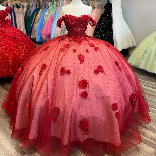 Robe de bal rouge brillante à fleurs 3D, épaules dénudées, Corset en dentelle et Tulle, pour fête de 15 filles