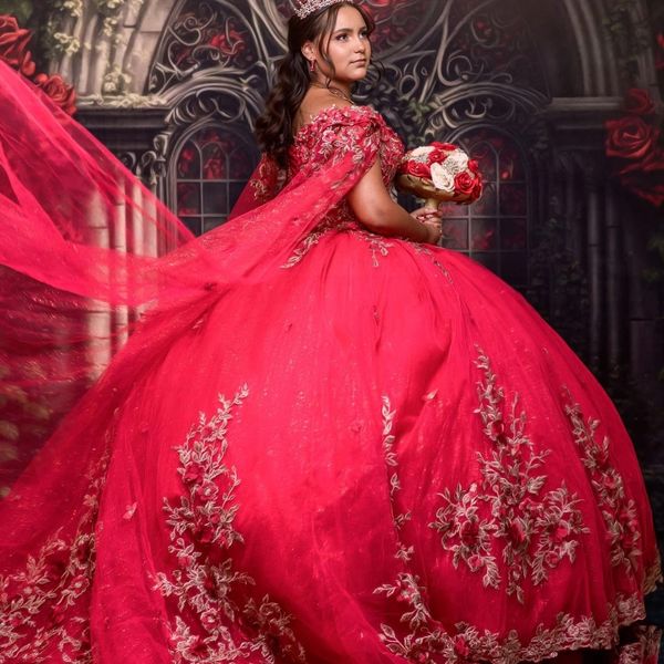 Vestido de fiesta rojo brillante, vestidos de quinceañera de 15 años, con envoltura, flores 3D, apliques, cuentas, largo hasta el suelo, vestido de fiesta de cumpleaños, 2024