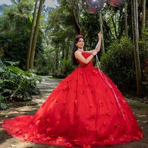 Robe De bal rouge brillant Quinceanera robes fleurs 3D Appliques dentelle Corset robes De 15 Anos robes De princesse d'anniversaire