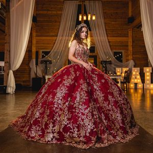 Rode Glanzend Baljurk Quinceanera Jurken Bruidsjurken Sweetheart Mouwloos Goud Applique Sweet 16 Jurk vestidos de xv anos 15