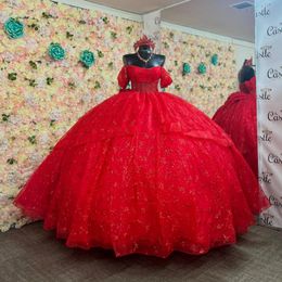 Robe de bal brillante Red Hobe de quinceanera sur les appliques d'épaule Perles de dentelle Tull Vestido de 15 Anos Sweet 16 0417