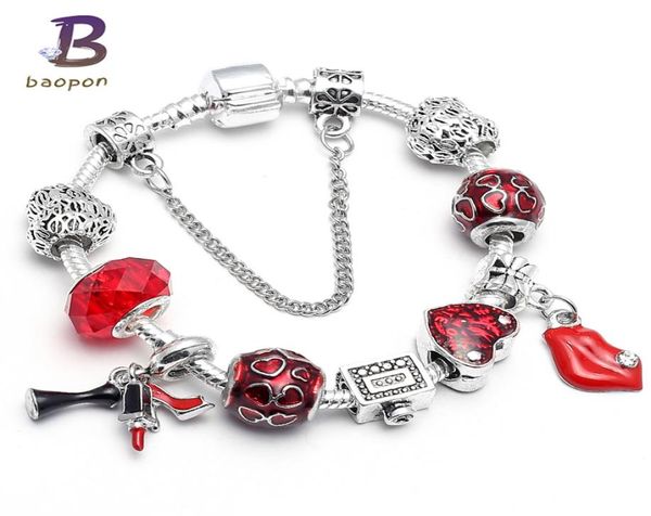 Pulsera roja brillante con dijes para mujer, con colgante de labios, pulsera de cuentas de cristal de Murano, Popular en Rusia, Brasil 5009456