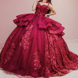Robe De Quinceanera rouge brillante, col rond, épaules dénudées, robe De bal en cristal, avec des Appliques De perles en dentelle, Corset à fleurs, douce 15 robes