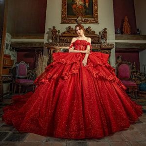 Rouge brillant hors de l'épaule dentelle perlée appliques robes de Quinceanera pour fille robe de bal robe pour doux 15 16 robes chérie