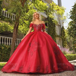 Rouge Brillant Princesse Fleur Quinceanera Robes Hors Épaule Applique Perles À Lacets Corset Chapelle Train Doux 15 robes de xv anos