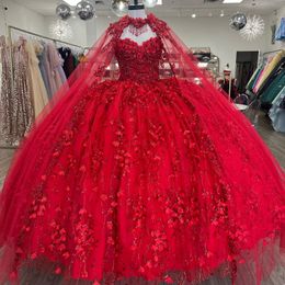 Vestidos de quinceañera de princesa brillante rojo con capa, apliques florales hechos a mano, corsé con cordones, Vestidos de graduación de 15 anos