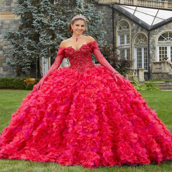 Red Shiny Quinceanera Habille de l'épaule Princesse Applique Perles à balle Tier Ball Ball Sweet XV Years Mlle Miss Birthday