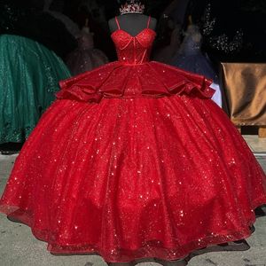 Vestido para quinceañeras rojo brillante, tirantes finos, cuentas De princesa, Tull De cristal, Vestido De fiesta De cumpleaños dulce, Vestido De 15 Anos