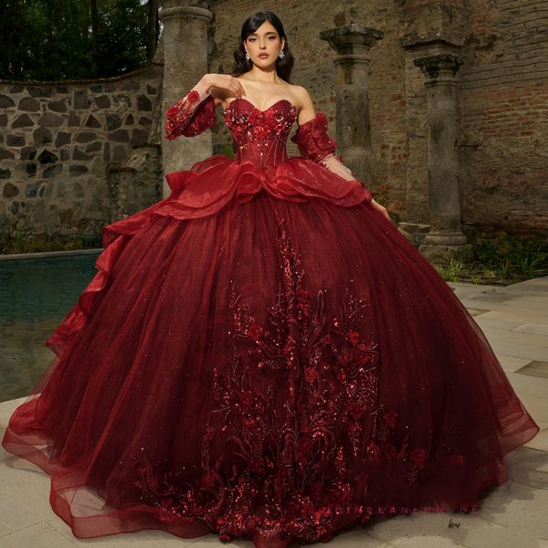 Robe de Quinceanera rouge brillante, tenue de soirée formelle de luxe, avec des Appliques en dentelle perlée, douce 15, robe de bal de remise de diplôme, Gwon, 2024