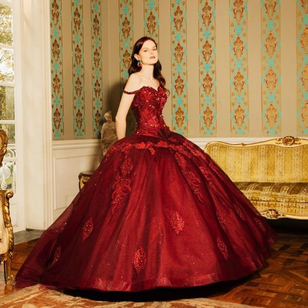 Rouge Brillant Quinceanera Robes Floral Appliques Dentelle Robe De Bal Cristal Chérie Robe De Bal Robes De 15 Anos