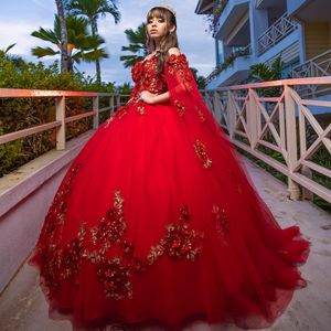 Robes de Quinceanera rouge brillant pour 15 ans, robe de bal, épaules dénudées, fleurs 3d, perles appliquées, douce 16 ans, robe de bal longue, 2024