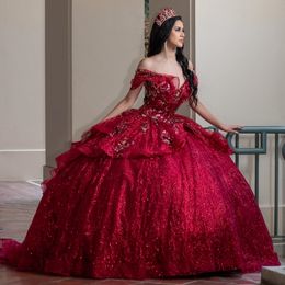 Vermelho brilhante quinceanera vestidos de renda miçangas tull festa elegante fora do ombro vestido de baile de noite para as mulheres vestido de baile de 15