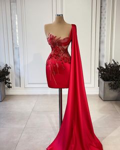 Rood glanzend korte prom -jurken een schouder met cape mouwloze lieverd Appliques kanten pailletten bead avondjurken vloer lengte feestjurken plus maat op maat gemaakt