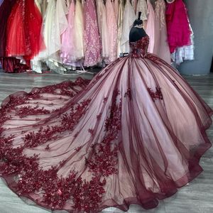 Rouge brillant chérie Quinceanera robe robe De bal Appliques dentelle fleur perles paillettes doux 15 16 robe Vestido De 15 Anos