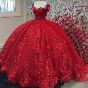 Vermelho brilhante querida quinceanera vestidos contas 3dfloral apliques rendas fora do ombro doce 15 festa de aniversário vestidos de baile