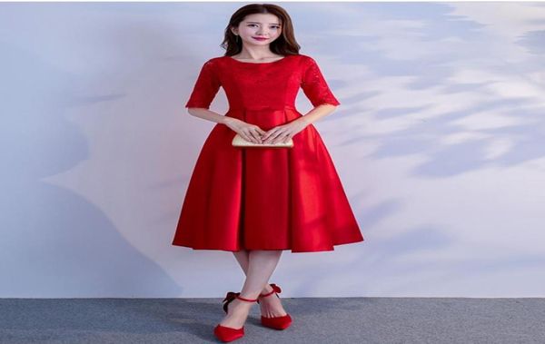 Robes de demoiselle d'honneur modestes courtes rouges avec demi-manches nouvelle longueur de thé vintage Aline femmes robe de soirée de mariage modeste sur mesure 4804231