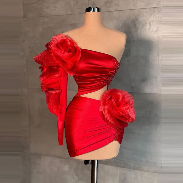 Vestido rojo corto de un hombro, manga larga, vestido de fiesta con volantes, vestidos florales, minivestidos de fiesta con cola 328 328