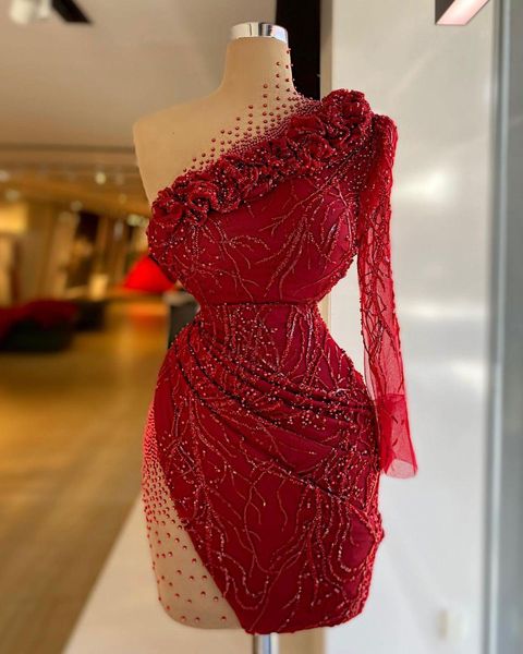 Vestidos de fiesta cortos rojos Lentejuelas de encaje de cuello alto Cuentas Un hombro Manga larga Brillo Elegante Hasta el muslo Tren Vestidos de noche Vestidos formales Vestidos para niñas