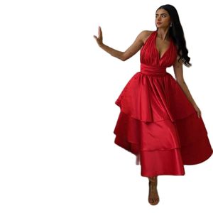 Rouge Court Robes De Soirée De Bal Halter Dos Nu Plissé Thé Longueur Satin Robes De Soirée Femmes Arabe Dubaï Robe De Soirée