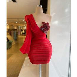 Rode korte glitter een schouder prom kralen lange mouwen tule homecoming gewaden staart vestidos de gala verjaardag jurk voor vrouwen YD 328 328
