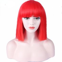 Red corto cabello liso Fashion Lady Sexy Natural Fluffy Playing Wig Synthetic Cabello corto Bob cabello corto Mujeres en blanco y negro Peluca Daily Work Party Cosplay