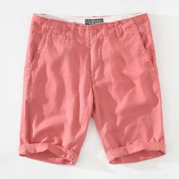 Shorts rouges pour hommes décontracté été mince 100% pur lin short droit couleur unie lâche plage vacances pantalons courts 210601