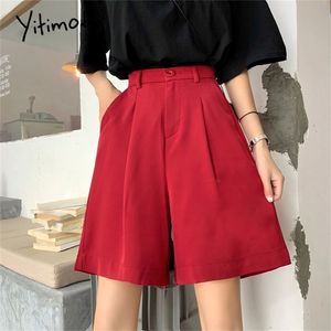 rode shorts vrouwen losse hoge taille wide been solide harajuku plus size rechte zomer Koreaanse mode zwarte elastiek 210714