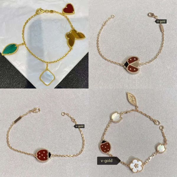 Red Sier Love Women, Bracelet de charme de créateur avec 4 motifs: trèfle à quatre feuilles, coccinelle en or rose, cerise, bracelet cardiaque, bijoux pour filles,