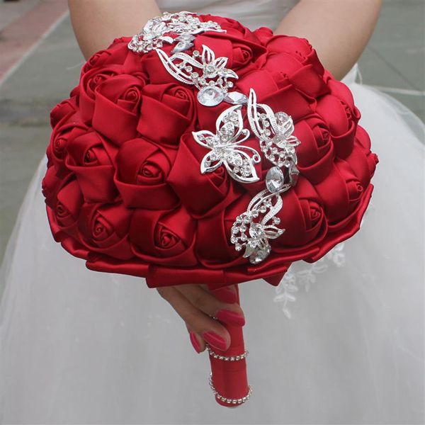 Ruban de soie rouge papillon mariage Bouquets de mariée fleur artificielle perles strass doux 15 Bouquets de Quinceanera W2216-A293s